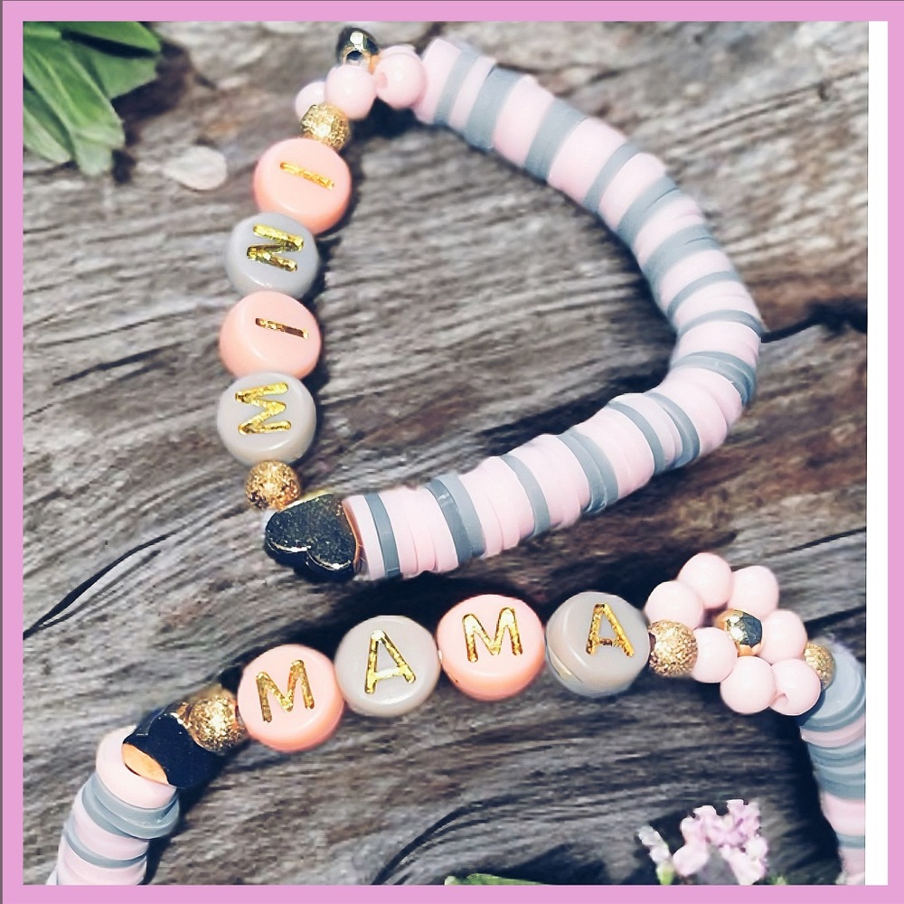 2 piece Mama & Mini Pink and gray Beaded Bracelet set